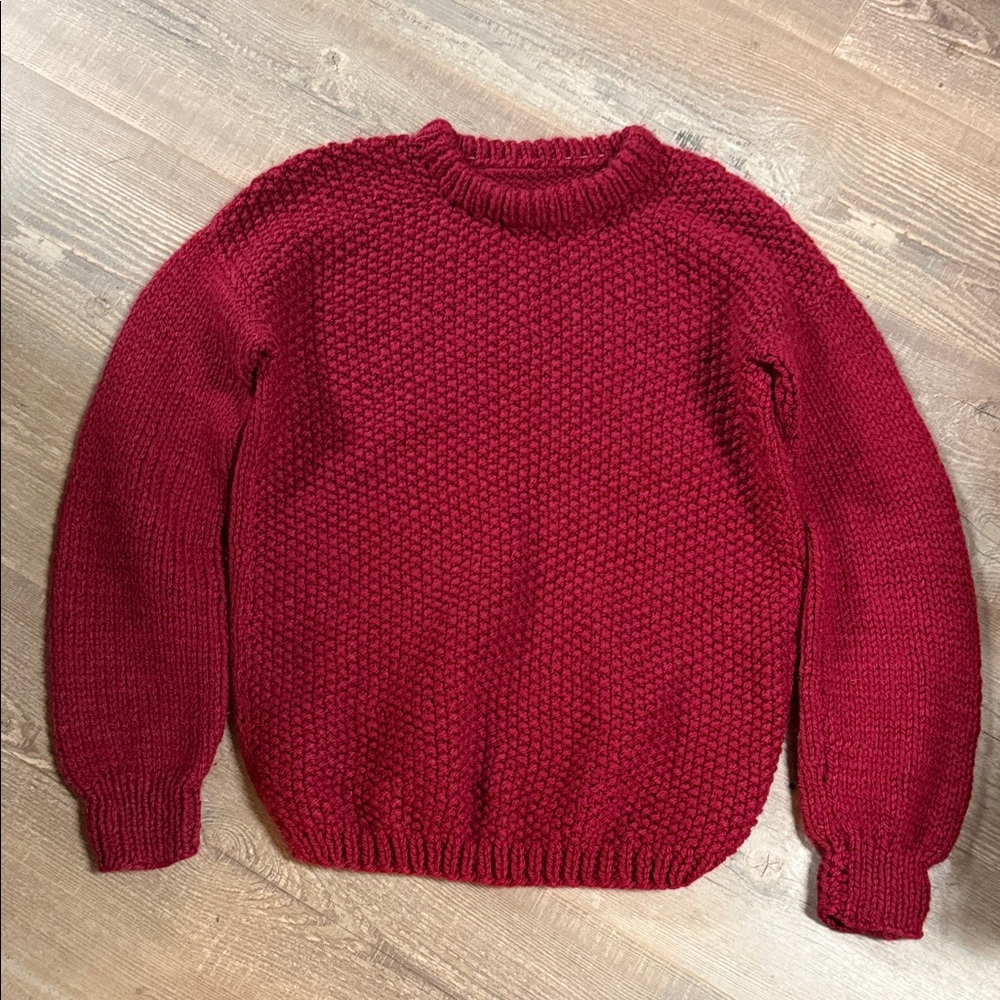 Unisex  Dark Red Aran Style Handknit Wool Wool Blend Crewneck Sweater